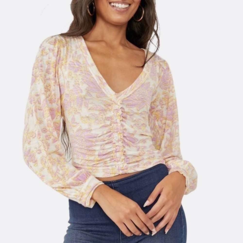 NWT Free People Say The Word Floral Ruched V-Neck Long Sleeve Top
